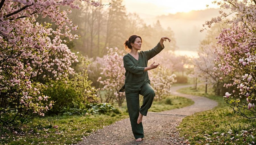 Mujer practicando qigong en primavera Mujer practicando qigong en primavera